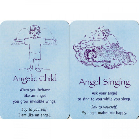 Two 'Angel Cards for Children' showing illustrations and messages: 'Angelic Child' and 'Angel Singing,' encouraging positive behavior and comfort.