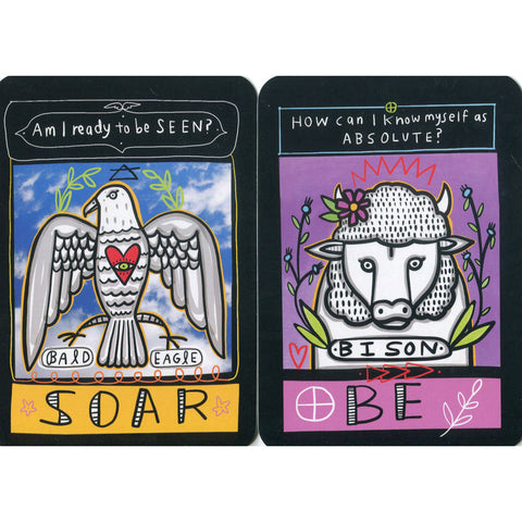 Bald Eagle and Bison cards from the Prairie Majesty Oracle deck, featuring messages of 'Soar' and 'Be' for spiritual reflection and growth.