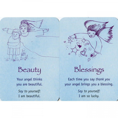 Two 'Angel Cards for Children' featuring messages: 'Beauty' and 'Blessings,' with illustrations promoting self-love and gratitude.