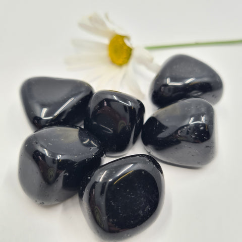 Black Obsidian Tumbled Stone showcasing smooth, polished crystals in deep black hues, known for their ability to provide protection, grounding, and clear negative energy.