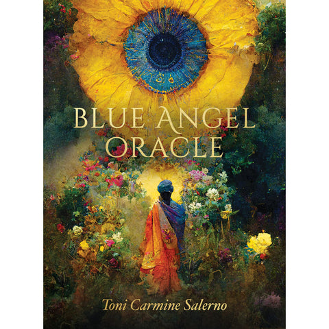 Cover of 'Blue Angel Oracle' by Toni Carmine Salerno, featuring a vibrant painting of a figure walking toward a large, radiant blue and yellow eye.