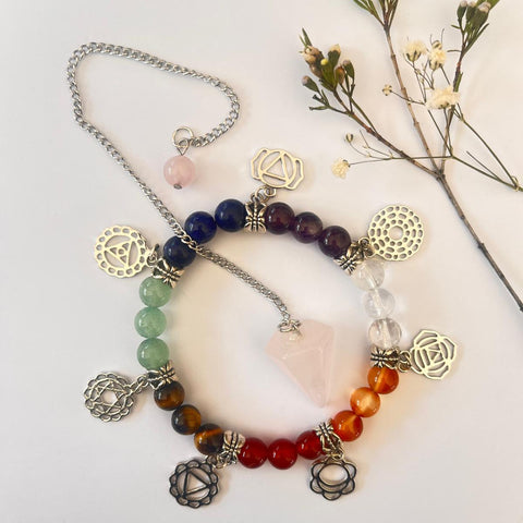 Chakra Bracelet & Rose Quartz Pendulum Gift Set