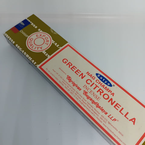 Satya Green Citronella Incense Sticks 15g box on a white background, known for its fresh and purifying aroma.