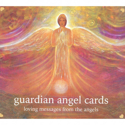 Cover of 'Guardian Angel Cards: Loving Messages from the Angels,' featuring a serene angel illustration with glowing wings and warm colors.