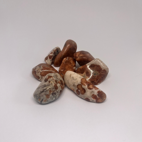 Tumbled hessonite garnet stones with rich amber to reddish-brown hues, showcasing their smooth, polished surfaces.