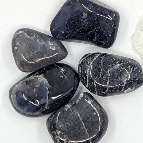 Iolite Tumbled Stone showcasing smooth, polished crystals in deep blue hues, known for their ability to enhance clarity, intuition, and spiritual growth.
