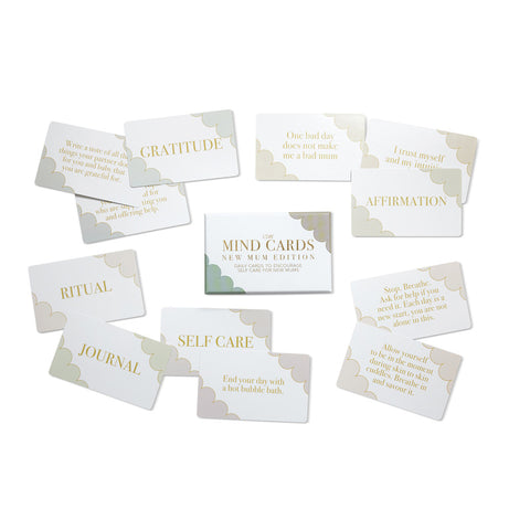 LSW Mind Cards New Mum Edition set displayed with cards featuring categories like Self Care, Ritual, Gratitude, and Affirmation with gold text and pastel accents.