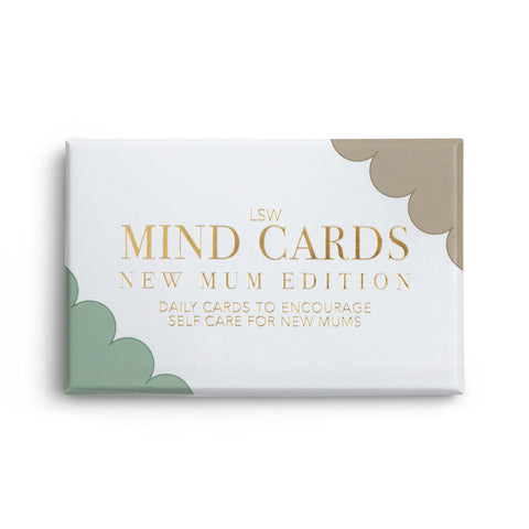 Box of LSW Mind Cards New Mum Edition featuring the text 'Daily Cards to Encourage Self Care for New Mums' with gold lettering and soft pastel accents.