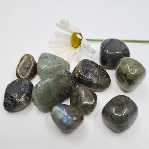 Labradorite Tumbled Stone showcasing smooth, polished crystals with iridescent flashes of color, known for their ability to enhance intuition, transformation, and spiritual growth.