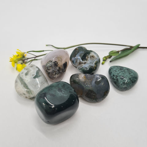 Moss Agate Tumbled Stone showcasing smooth, polished crystals with green inclusions, known for their ability to promote growth, abundance, and emotional healing.