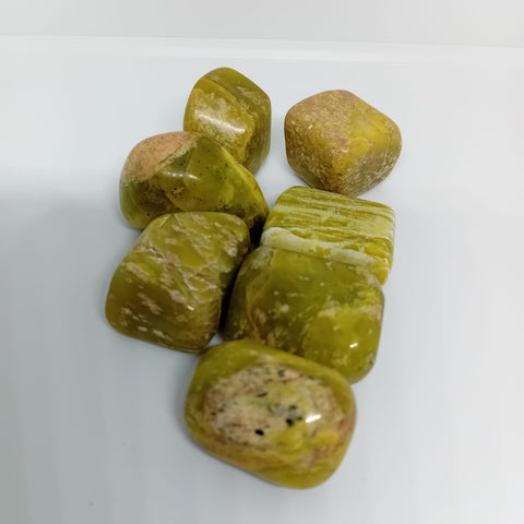 Olive Yellow Serpentine Tumbled Stone showcasing smooth, polished crystals in olive green and yellow hues, known for their ability to support healing, transformation, and personal growth.