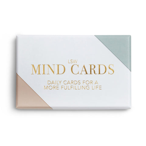 Box of LSW Mind Cards featuring the text 'Daily Cards for a More Fulfilling Life' with a minimalist design in gold, beige, and teal accents.