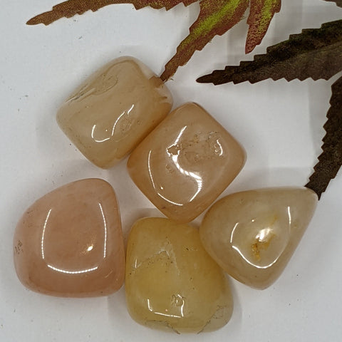 Peach Aventurine Tumbled Stone showcasing smooth, polished crystals in soft peach hues, known for their ability to promote joy, healing, and emotional balance.