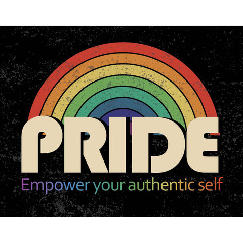 Cover of PRIDE mini cards featuring a vintage-style rainbow with the message 'Empower your authentic self' on a black textured background.