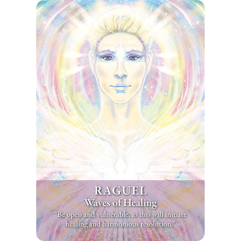 Archangel Raguel 'Waves of Healing' card from the 22 Archangels Oracle deck, featuring a message of vulnerability, healing, and harmony.