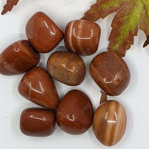 Red Zebra Jasper Tumbled Stones displaying smooth, polished crystals in vibrant red and earthy brown with natural banding, known for their grounding energy and ability to promote balance and stability.