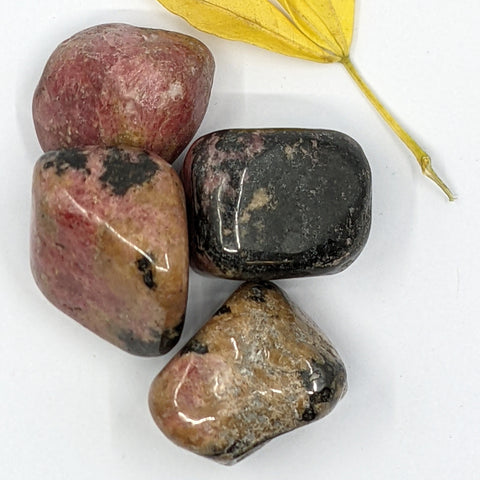 Rhodonite Tumbled Stone showcasing smooth, polished crystals in pink and black hues, known for their ability to promote emotional healing, compassion, and forgiveness.