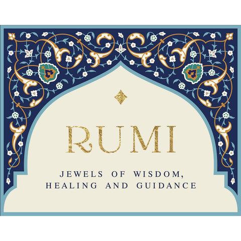 Cover of 'Rumi: Jewels of Wisdom, Healing and Guidance' cards featuring elegant gold text with intricate floral patterns on a blue and cream background.
