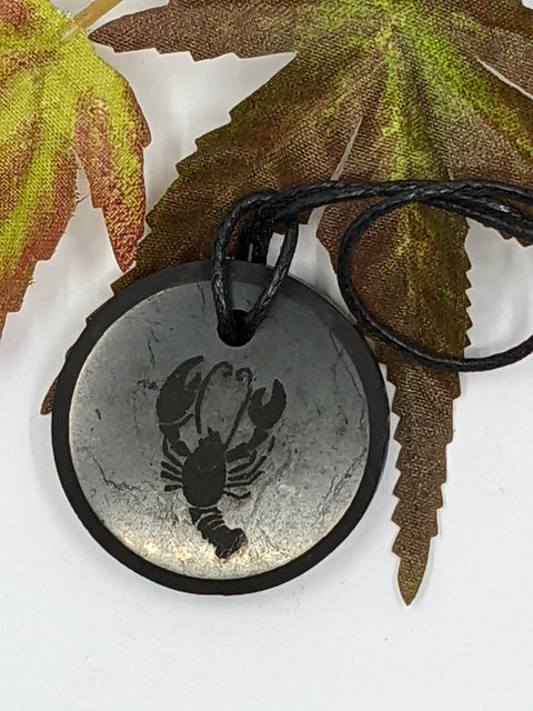 Shungite Cancer zodiac sign pendant necklace on a white background, for emotional balance and protection.