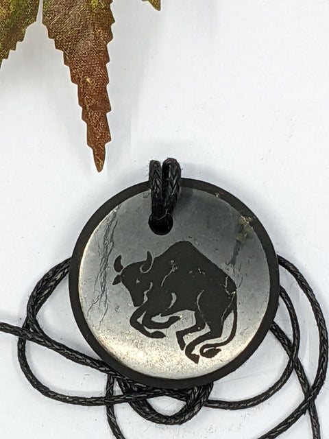 Shungite Taurus zodiac sign pendant necklace on a white background, for grounding and stability.