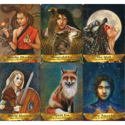 Six 'Angels and Ancestors Oracle Cards' featuring characters like Shaolin Master, Shapeshifter, She-Wolf, Shield Maiden, Spirit Fox, and Star Ancestor.