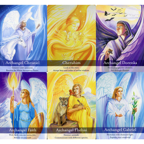 Six 'Archangel Oracle Cards' featuring Archangels Christiel, Dorenka, Faith, Fhelyai, Gabriel, and Cherubim, each with unique illustrations and messages.