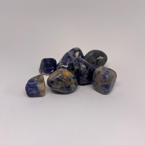 Sodalite Tumbled Stones featuring a mix of blue and white hues, with smooth polished surfaces, arranged in a group on a white background.