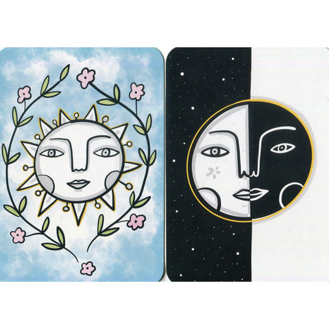 Sun and Moon cards from the Prairie Majesty Oracle deck, featuring celestial artwork for introspection, balance, and spiritual guidance.