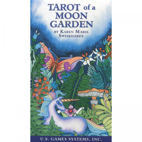 Tarot of a Moon Garden deck by Karen Marie Sweikhardt featuring vibrant mystical illustrations of a magical unicorn and enchanted forest.