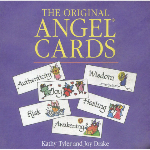 Cover of 'The Original Angel Cards' by Kathy Tyler and Joy Drake, featuring words like Joy, Wisdom, Healing, and colorful illustrations.