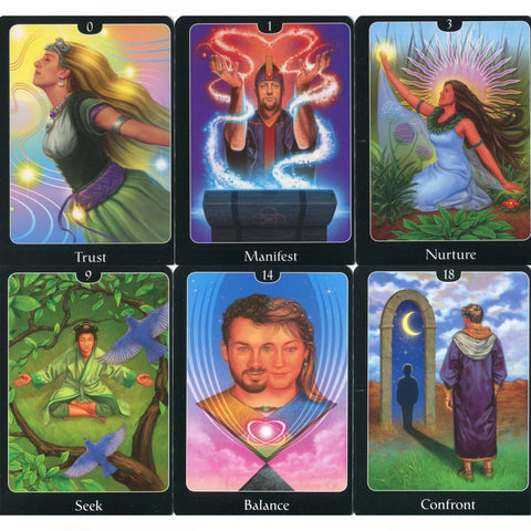 Set of six tarot cards from 'The Psychic Tarot for the Heart Oracle Deck' featuring Trust, Manifest, Nurture, Seek, Balance, and Confront cards.