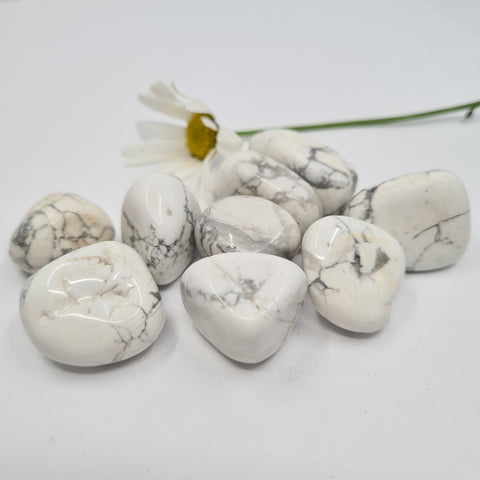 White Howlite Tumbled Stone showcasing smooth, polished crystals in white hues, known for their ability to promote calm, clarity, and emotional healing.