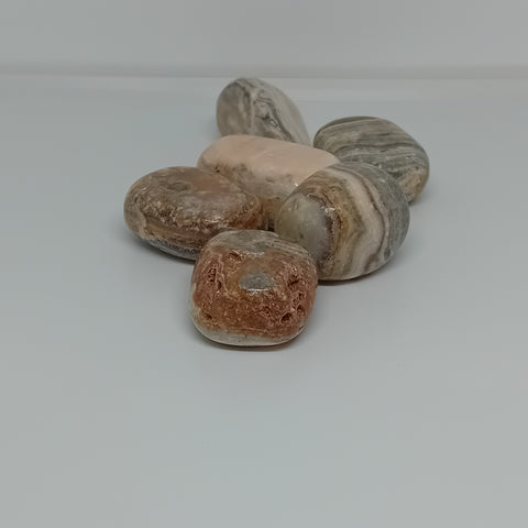 Zebra Calcite Tumbled Stones showcasing smooth, polished crystals with black and white banding, known for their ability to promote balance, clarity, and emotional healing.