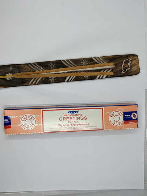 Satya Greetings Incense Sticks 15g box on a white background, featuring a warm and inviting fragrance.