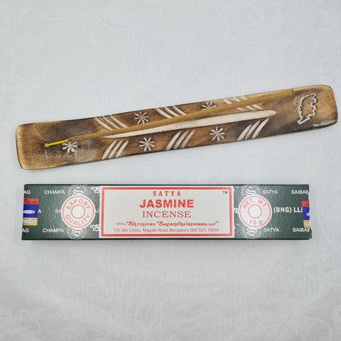 Satya Jasmine Incense Sticks 15g box on a white background, offering a sweet and calming floral fragrance.