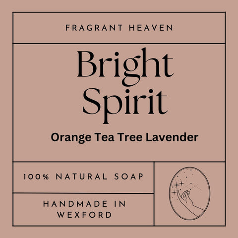 Front label of Bright Spirit Handmade Soap Bar, 100% natural with lavender, tea tree, and orange essential oils, perfect for soothing sensitive skin.