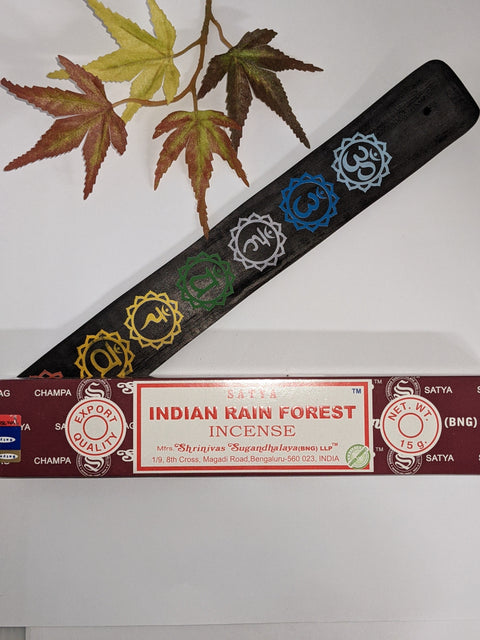 Satya Indian Rain Forest Incense Sticks 15g box on a white background, with an earthy and refreshing scent