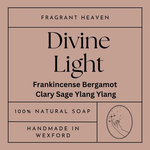 Front label of Divine Light Handmade Soap Bar, 100% natural with frankincense, clary sage, and charcoal, perfect for purifying and nourishing the skin.
