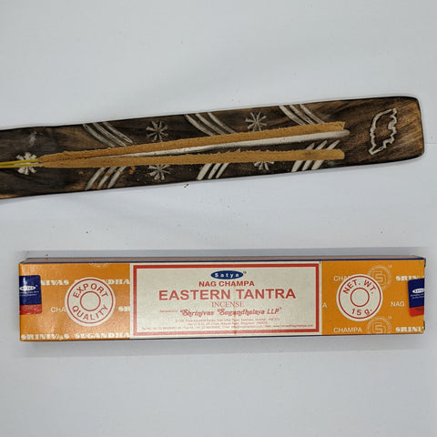 Satya Eastern Tantra Nag Champa Incense Sticks 15g box on a white background, perfect for deep spiritual focus.