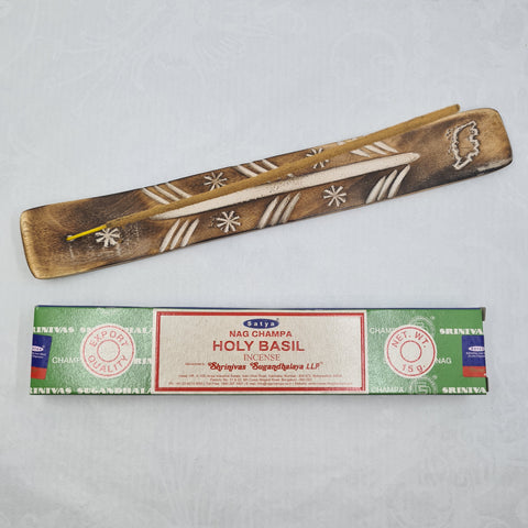 Satya Holy Basil Nag Champa Incense Sticks 15g box on a white background, designed for purification and protection.
