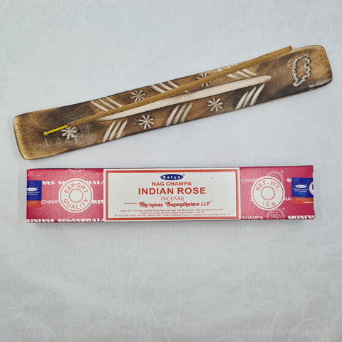Satya Indian Rose Nag Champa Incense Sticks 15g box on a white background, offering a romantic and uplifting scent.