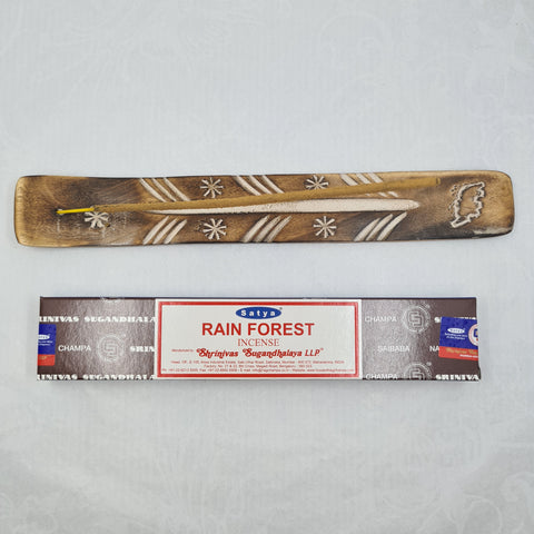 Satya Rainforest Incense Sticks 15g box on a white background, featuring a refreshing nature-inspired aroma.