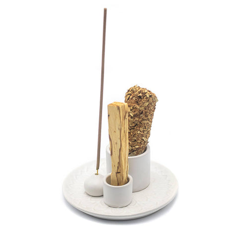 White ceramic 3-in-1 burner for palo santo sage bundles and incense sticks