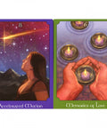 Two cards from the Psychic Tarot Oracle Deck: 'Accelerated Motion' featuring a shooting star, and 'Memories of Love' with hands holding candles.