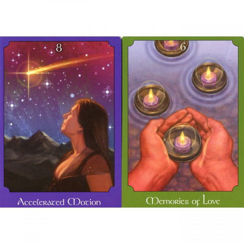 Two cards from the Psychic Tarot Oracle Deck: 'Accelerated Motion' featuring a shooting star, and 'Memories of Love' with hands holding candles.