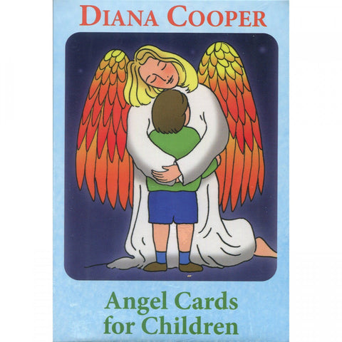 Cover of 'Angel Cards for Children' by Diana Cooper, featuring an illustration of an angel with vibrant wings hugging a child.