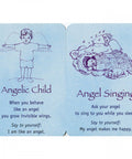 Two 'Angel Cards for Children' showing illustrations and messages: 'Angelic Child' and 'Angel Singing,' encouraging positive behavior and comfort.