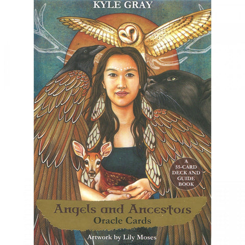 Cover of 'Angels and Ancestors Oracle Cards' by Kyle Gray, featuring artwork of a woman surrounded by animals like an owl, raven, and deer.