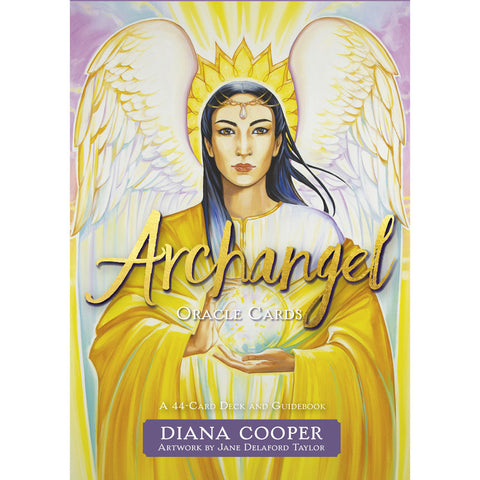 Cover of 'Archangel Oracle Cards' by Diana Cooper, featuring artwork of an archangel with radiant wings and golden light, holding a glowing orb.