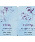 Two 'Angel Cards for Children' featuring messages: 'Beauty' and 'Blessings,' with illustrations promoting self-love and gratitude.